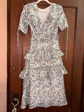 Kernel Cosmos Floral Ruffle Tiered Midi Dress Blue/Cream Feminine Western XS